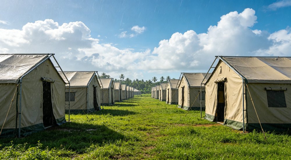 Panoramic wide-angle view of relief frame tent camp established in tropical region, rows of white and green emergency shelters set up on grassy ground under warm humid climate with palm trees showing disaster response deployment