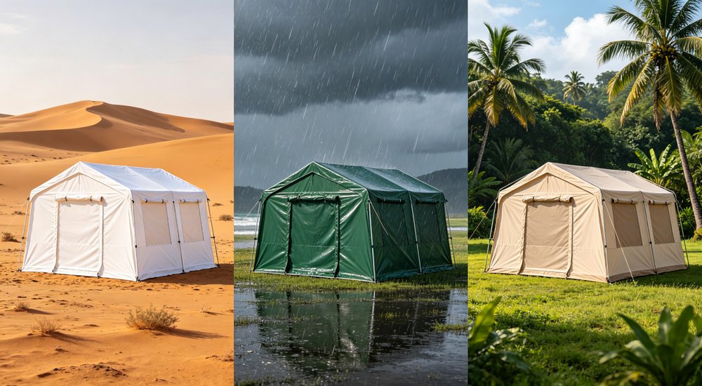 Split-view comparison presenting three relief tent configurations optimized for different climate conditions, hot desert setup in white rainy tropical setup in green and temperate setup in blue showing appropriate fabric colors and ventilation designs