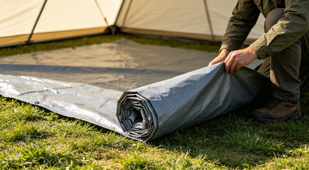 Installation detail shot of grey PE ground sheet being placed under relief tent, waterproof groundsheet positioning and attachment to tent floor visible showing moisture protection from wet ground in rainy climate