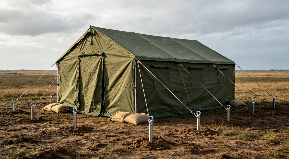 Field installation photograph of olive green relief tent wind securing system, steel pegs guy ropes and sandbag weights visible showing multiple anchoring methods for storm stability in exposed emergency camp locations