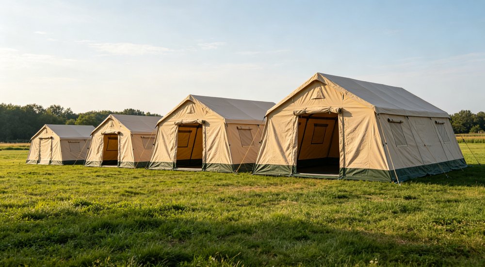 Size comparison display showing four different relief tent sizes in beige and green colors arranged side by side, capacity difference visible from small single-person to large family emergency shelter dimensions