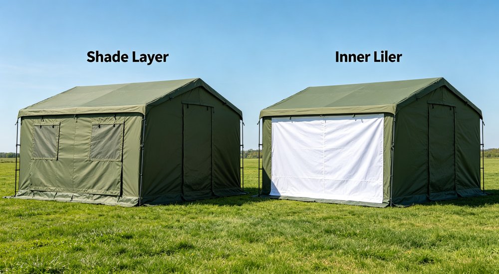 Side-by-side comparison showing external shade cover versus internal thermal liner for green and white relief tents, heat reduction methods visible demonstrating different approaches to hot climate temperature control for emergency shelters