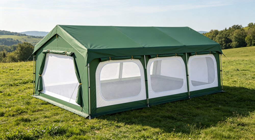 Cross-section technical diagram of green double-layer relief tent construction, outer and inner fabric layers with air gap visible showing insulation and condensation control design for hot humid climate emergency shelters
