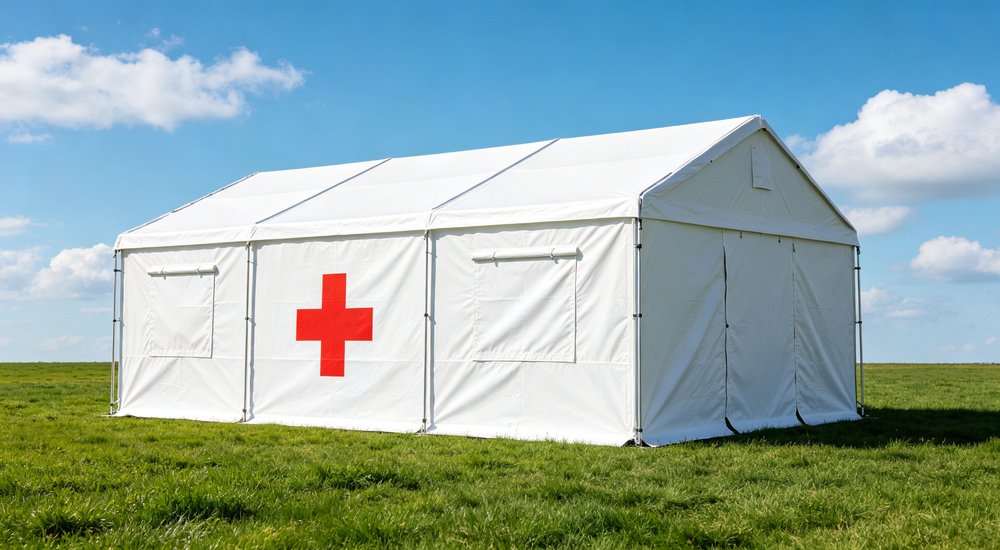 Medical emergency photograph of white relief tent with Red Cross marking used as field medical station, emergency healthcare shelter with humanitarian organization branding visible for disaster response medical operations