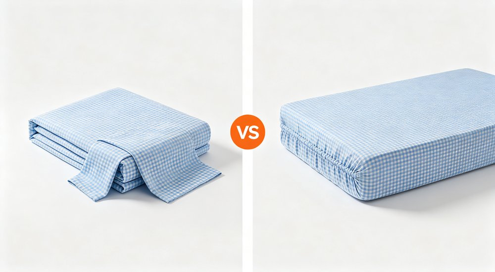 Split-view comparison of sky blue checkered flat sheet versus fitted sheet on folding bed showing elastic corner difference with orange VS marker between panels