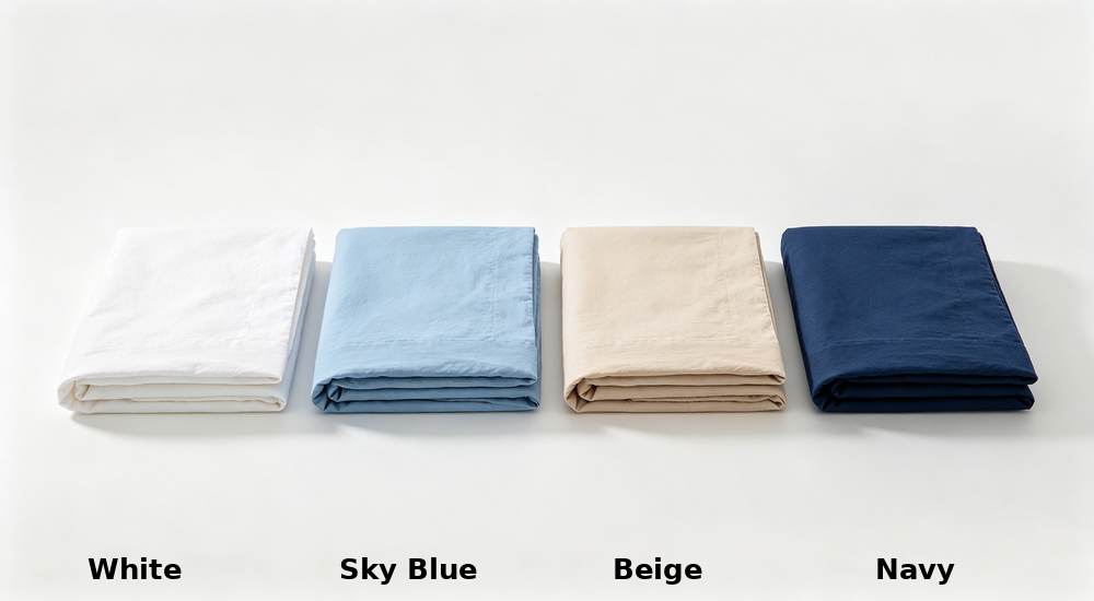 Flat lay product shot of four folded temporary accommodation bedding colors white sky blue beige and navy arranged in row on clean white background showing color options