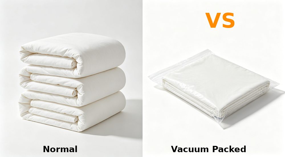 Split-view comparison of normal stacked bedding versus vacuum packed flat bedding in transparent bag showing volume reduction for shipping with orange VS marker