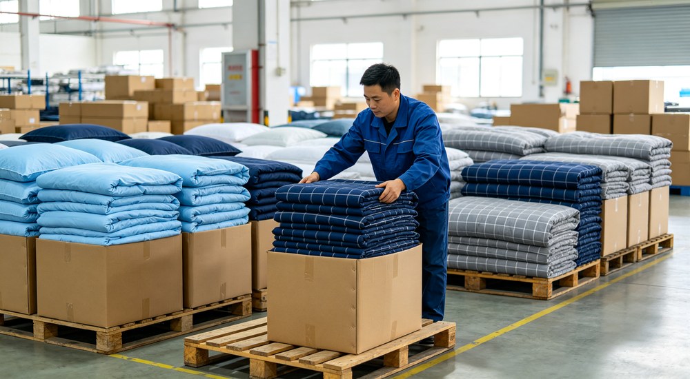 Wide-angle warehouse photograph of Chinese worker packing folded sky blue navy and grey checkered bedding sets onto wooden pallets with cardboard boxes showing export preparation