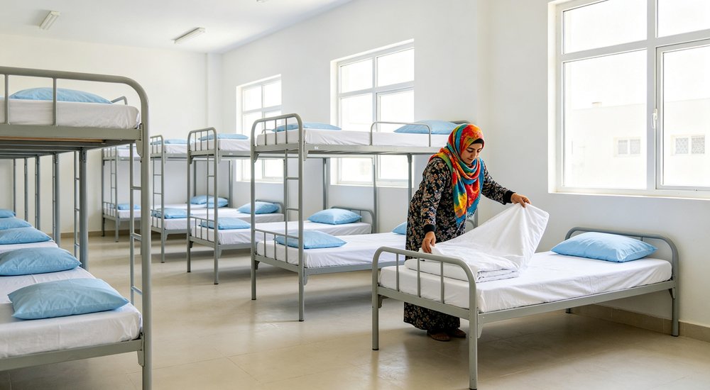 Wide-angle perspective of bunk bed dormitory with worker making bed using white institutional bedding in university student housing facility showing daily maintenance routine