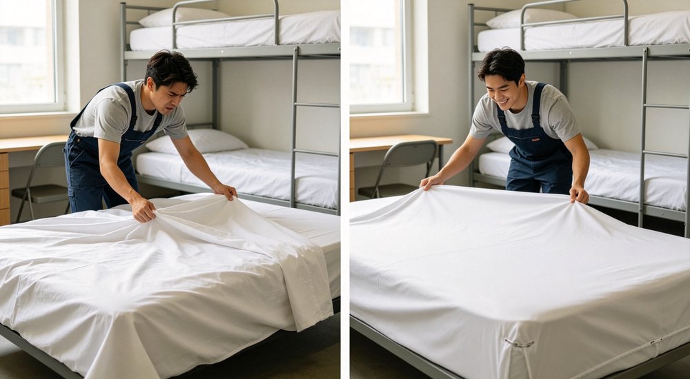 Before-after comparison of flat sheet versus fitted sheet bed making showing time difference between tucking flat sheet corners and stretching fitted sheet elastic bands
