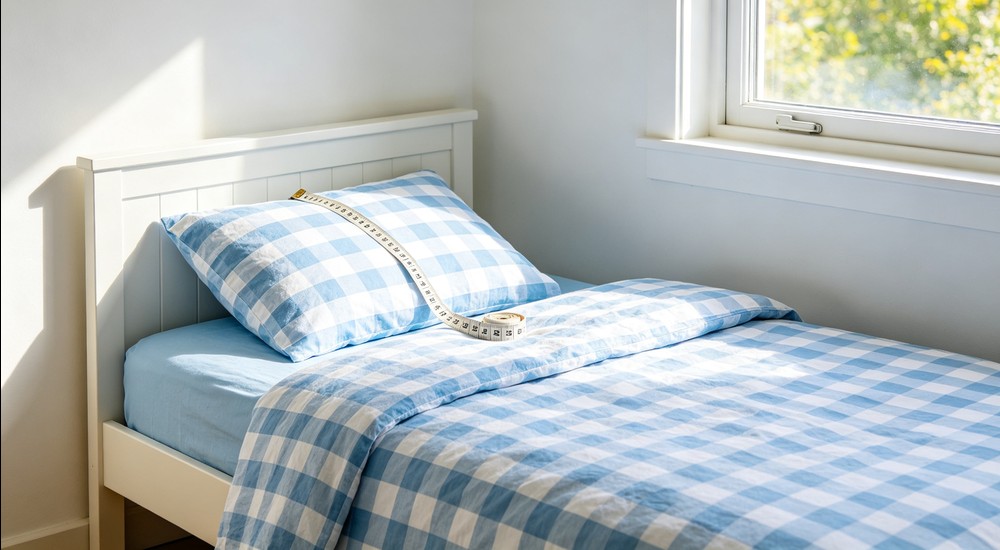 Bright airy bedroom with single bed made with sky blue and white gingham checkered bedding set, soft measuring tape on pillow, natural sunlight from window, clean white walls, vibrant well-lit photography