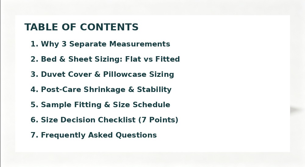 Table of contents infographic for bedding set size guide, seven sections clearly listed on semi-transparent white panel over beige checkered fabric background