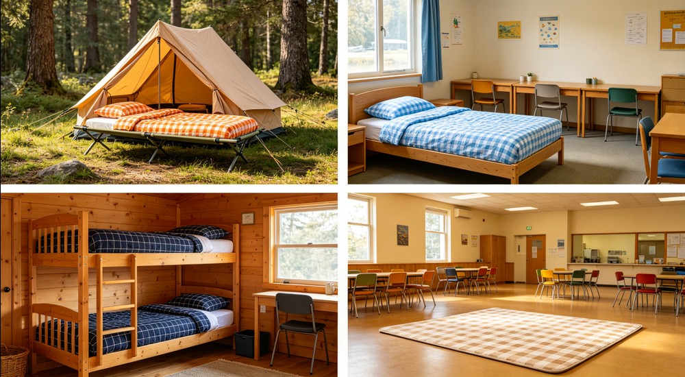 Four distinct bedroom scenes in two by two grid: camp cot with orange bedding in tent, single bed with sky blue in dormitory, bunk bed with navy in cabin, floor mat with beige in community hall