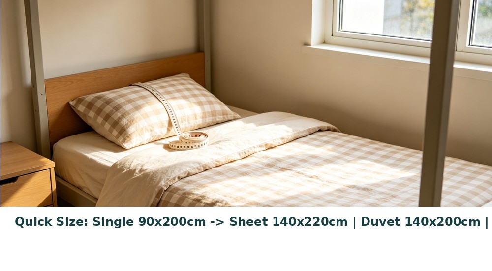 Quick size reference infographic showing standard single bed dimensions with sheet duvet cover and pillowcase measurements, beige checkered bedding background Quick size reference infographic showing standard single bed dimensions with sheet duvet cover and pillowcase measurements, beige checkered bedding background