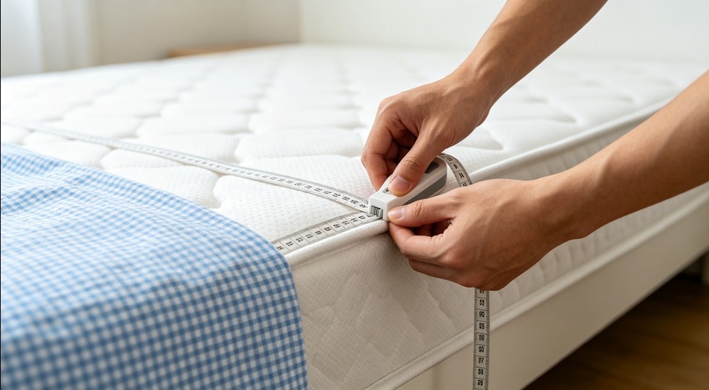 Close-up of hands using soft measuring tape at the corner of a white mattress, sky blue checkered sheet partially visible, bright clean room with natural light