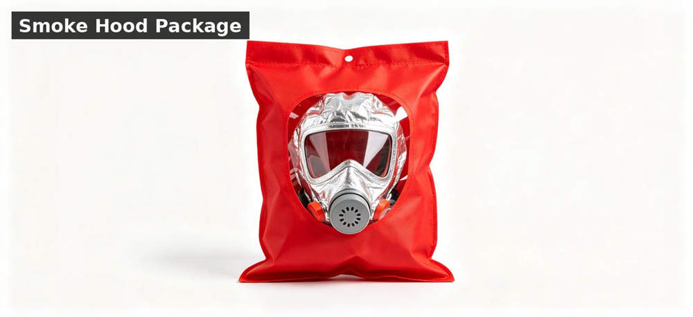 Packaged smoke escape hood prepared for facility storage and distribution for government stockpile, institutional supply and emergency