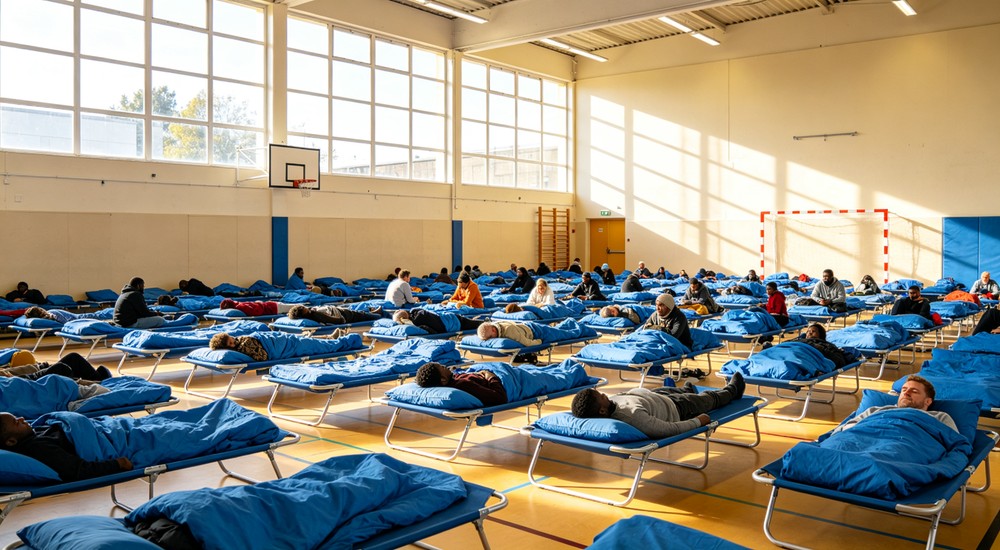 Wide-angle emergency shelter gymnasium with rows of blue bedding cots and diverse international people resting under bright natural light