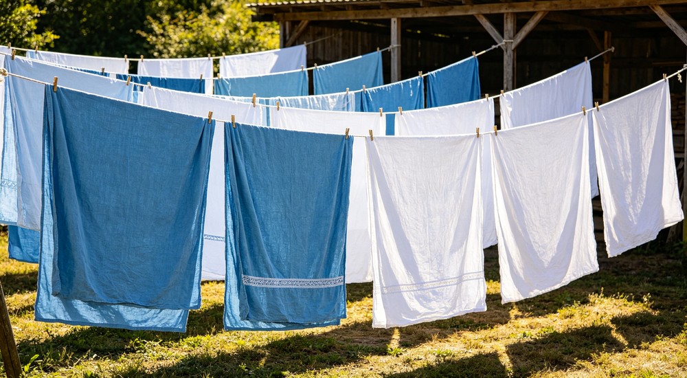 Top-down blue and white bedding sheets hanging on outdoor clotheslines drying in bright sunlight at rural shelter setting - suitable for institutional and emergency shelter procurement