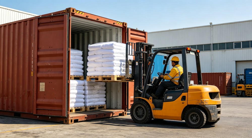 Portrait shipping container being loaded with packaged bedding pallets by forklift in international logistics yard under bright daylight - suitable for institutional and emergency shelter procurement
