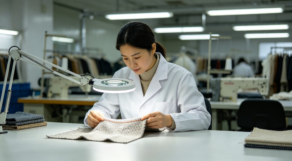 Commercial textile quality control technician examining fabric sample under magnifying lamp checking stitching in clean inspection lab - for institutional laundry and bedding management professionals
