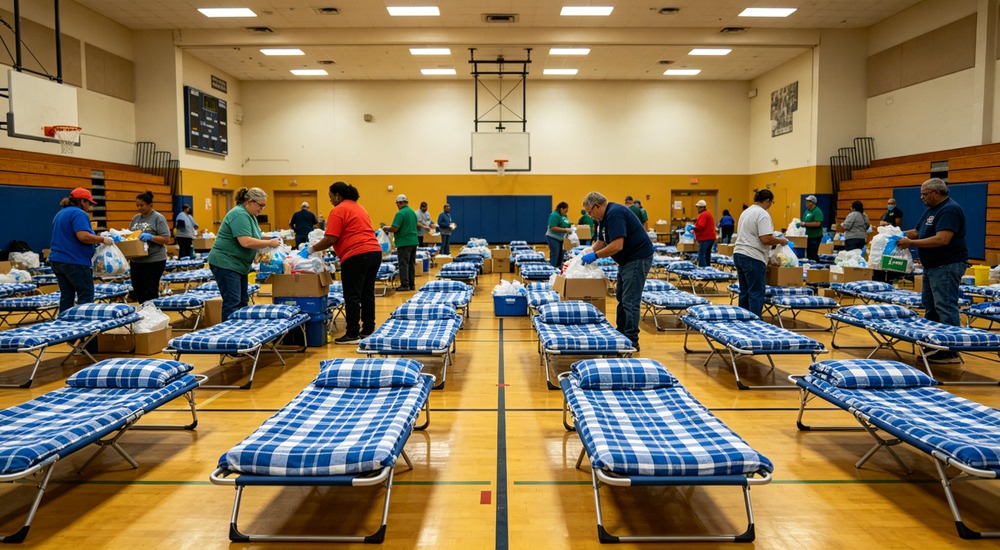 wide-angle photograph of school gymnasium converted to shelter with blue checkered bedding on folding cots and volunteers distributing supplies with natural daylight and organized layout
