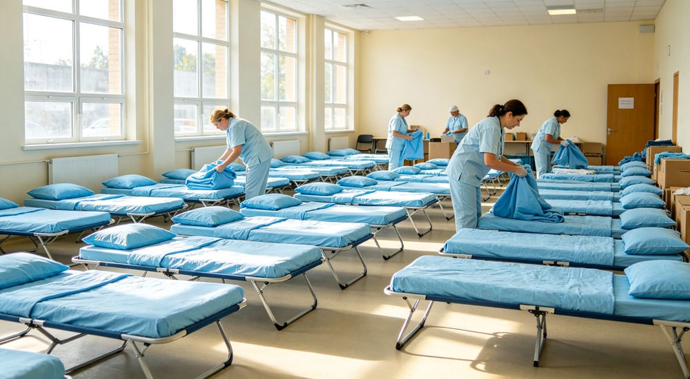 commercial photograph of institutional bedding sets in sky blue white and beige colors arranged on showroom beds with folded stacks