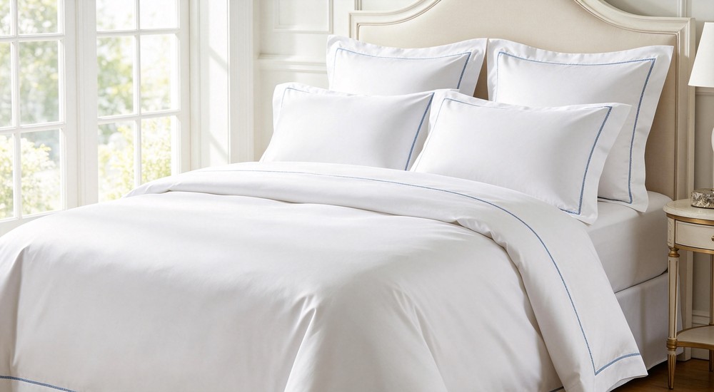 White institutional bedding set with blue piping on neatly made bed for hotel and shelter use
