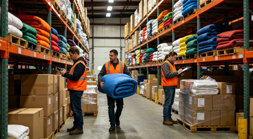Warehouse staff handling rolled emergency blanket for bulk order shipment