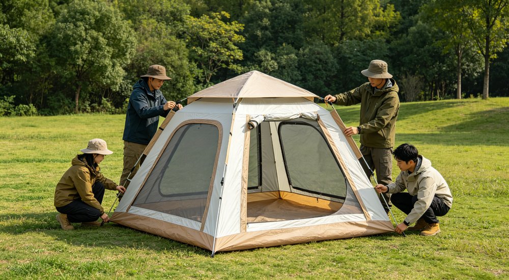 Heavy duty emergency frame tent displayed in operational setting demonstrating quick setup capability durable canvas exterior and spacious interior capacity for humanitarian relief missions