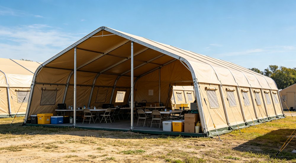 Heavy duty emergency frame tent displayed in operational setting demonstrating quick setup capability durable canvas exterior and spacious interior capacity for humanitarian relief missions