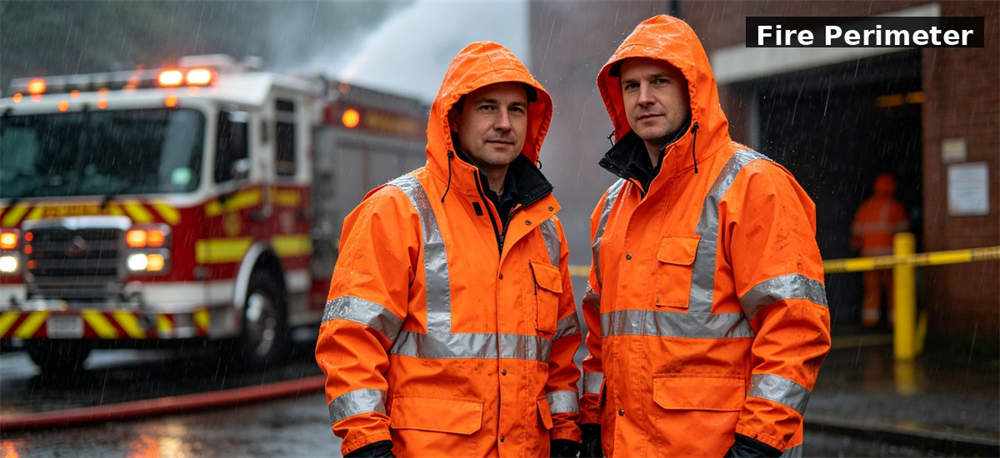 Raincoat orange hivis fire perimeter for institutional procurement, inspection and supply planning