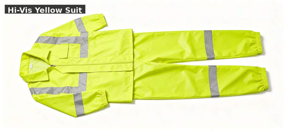 Raincoat hivis yellow suit white bg for institutional procurement, inspection and supply planning