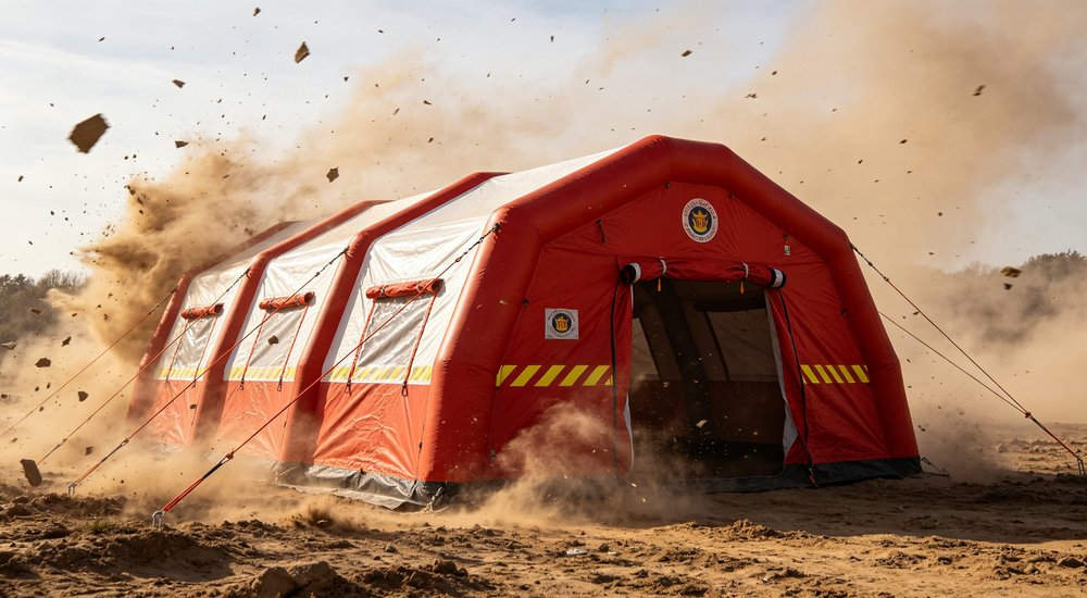 Three different sizes of red fire rescue inflatable tents displayed side by side, 12m2 20m2 30m2, fire station background, professional B2B product photography