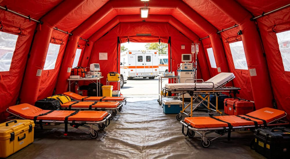 Warehouse workers packing red fire rescue inflatable tents into large shipping containers, export logistics operation with forklift and pallet jack, busy warehouse environment, professional industrial B2B photography