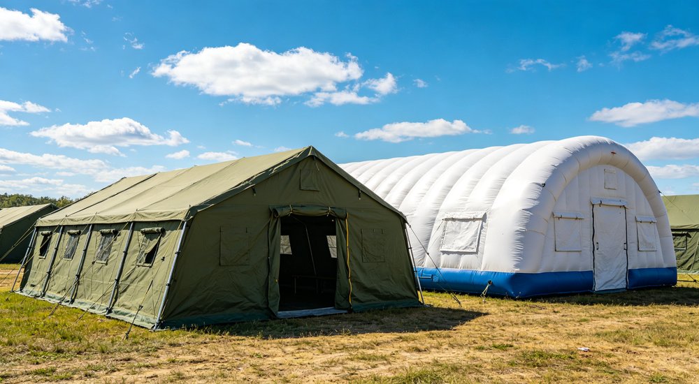 Large emergency shelter tent installed at disaster relief site providing weatherproof accommodation for affected populations with reinforced structure and quality materials visible