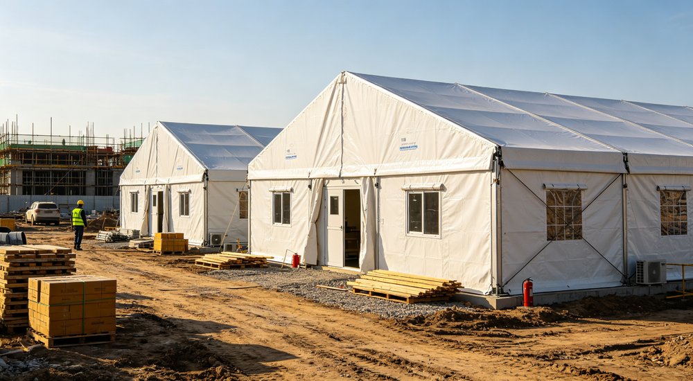 Humanitarian relief tent photographed at aid distribution camp providing reliable shelter with strong steel framework quality stitching and weather resistant fabric for disaster affected communities