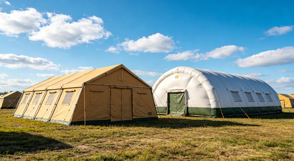 Field deployed emergency shelter showing robust frame construction waterproof material and practical design features meeting international standards for disaster response and refugee accommodation
