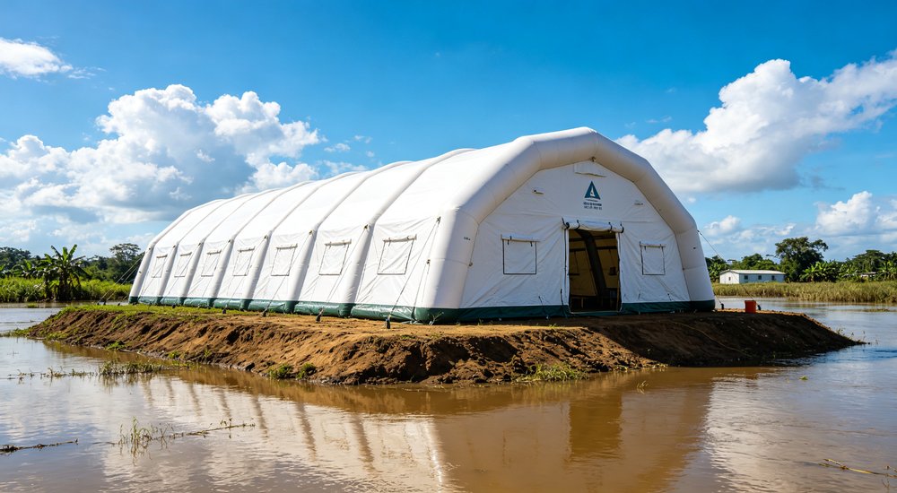 Humanitarian relief tent photographed at aid distribution camp providing reliable shelter with strong steel framework quality stitching and weather resistant fabric for disaster affected communities