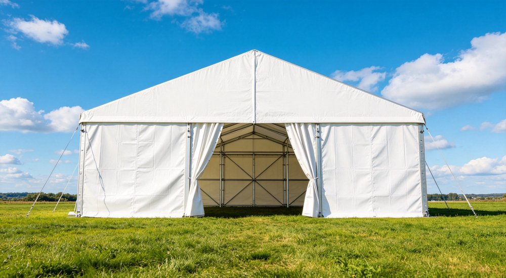 Large emergency shelter tent installed at disaster relief site providing weatherproof accommodation for affected populations with reinforced structure and quality materials visible