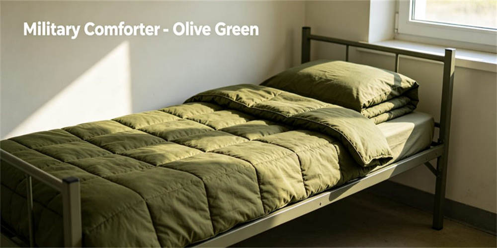 Olive green thick military comforter on cot, warm military bed quilt display for daily military dorm rest use