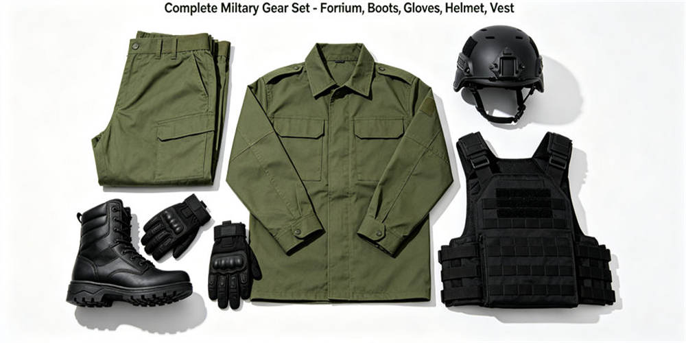 Complete military gear set uniform boots gloves helmet vest, full tactical field equipment collection for outdoor mission deployment