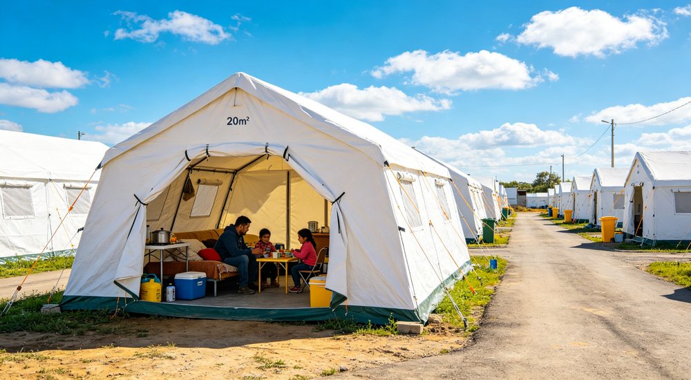 Professional emergency relief tent photographed in field deployment showing sturdy construction waterproof fabric and steel frame design suitable for disaster response and humanitarian aid operations