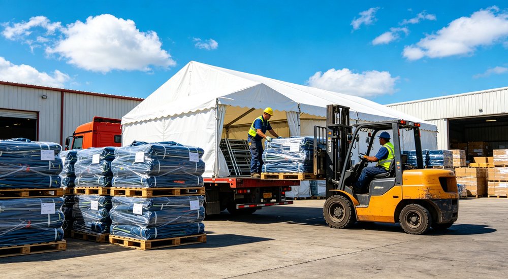 Emergency response tent captured during active deployment showing professional grade construction wind resistant frame and waterproof covering designed for long term use in challenging field conditions