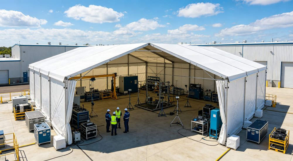 Aerial drone view showing multiple large emergency relief tents arranged in orderly rows across a disaster response camp with clear access pathways and blue sky overhead