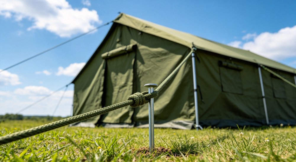 Professional emergency relief tent photographed in field deployment showing sturdy construction waterproof fabric and steel frame design suitable for disaster response and humanitarian aid operations