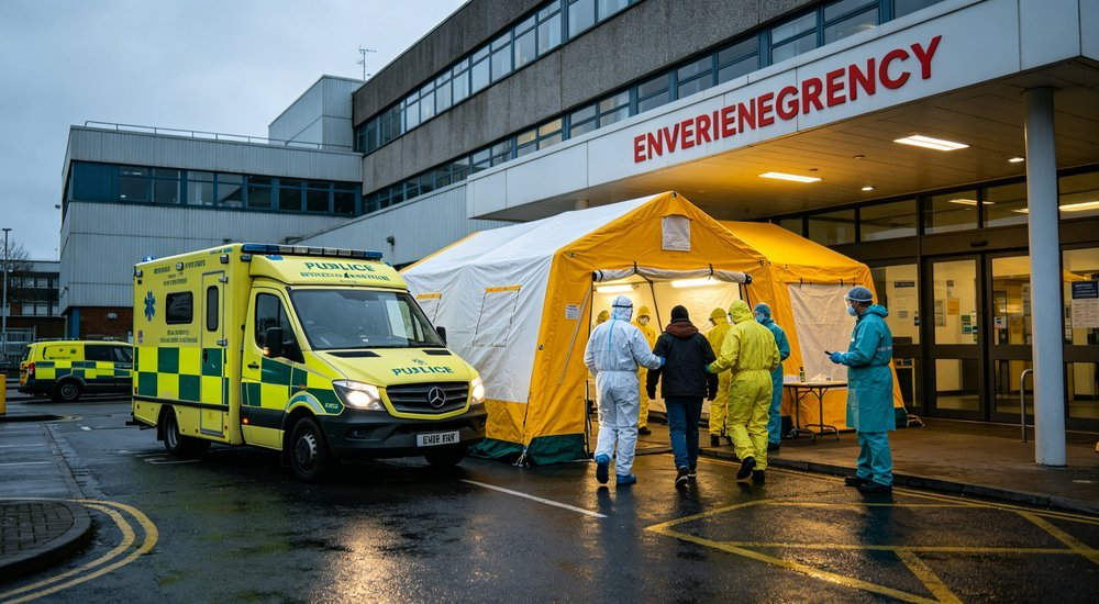 Wide angle shot of biological decontamination tent at hospital emergency entrance with medical staff in PPE guiding patients and ambulance nearby