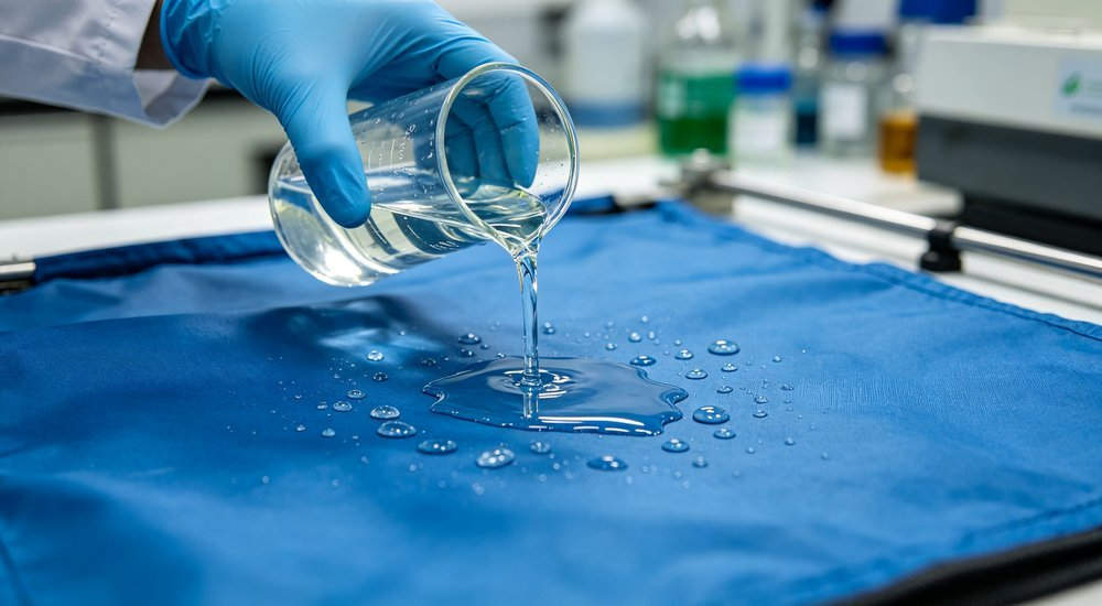 Closeup of chemical resistant fabric test in laboratory with technician pouring liquid on blue tent material showing beading and resistance in lab environment