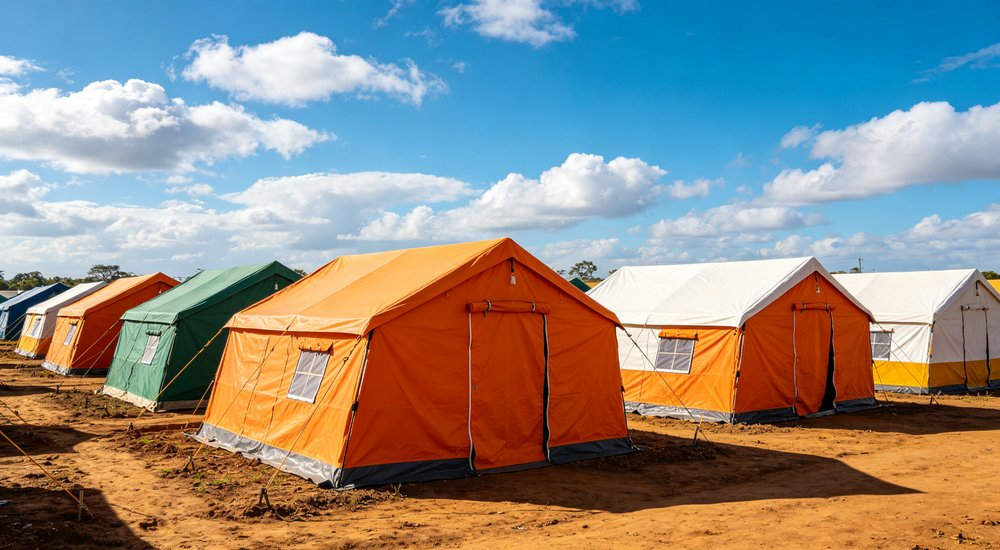 Emergency relief tent standing in heavy winter snow conditions demonstrating cold weather resistance insulation performance and durability for humanitarian operations in harsh climates