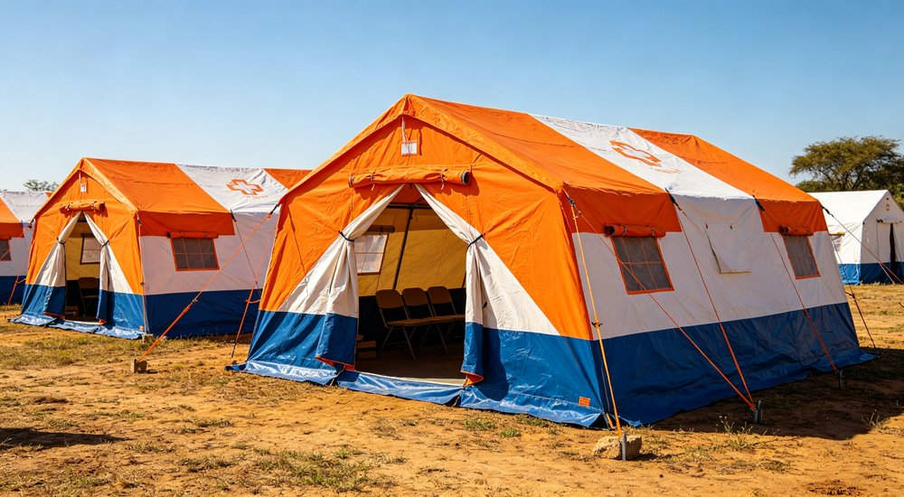 Field deployed emergency shelter showing robust frame construction waterproof material and practical design features meeting international standards for disaster response and refugee accommodation