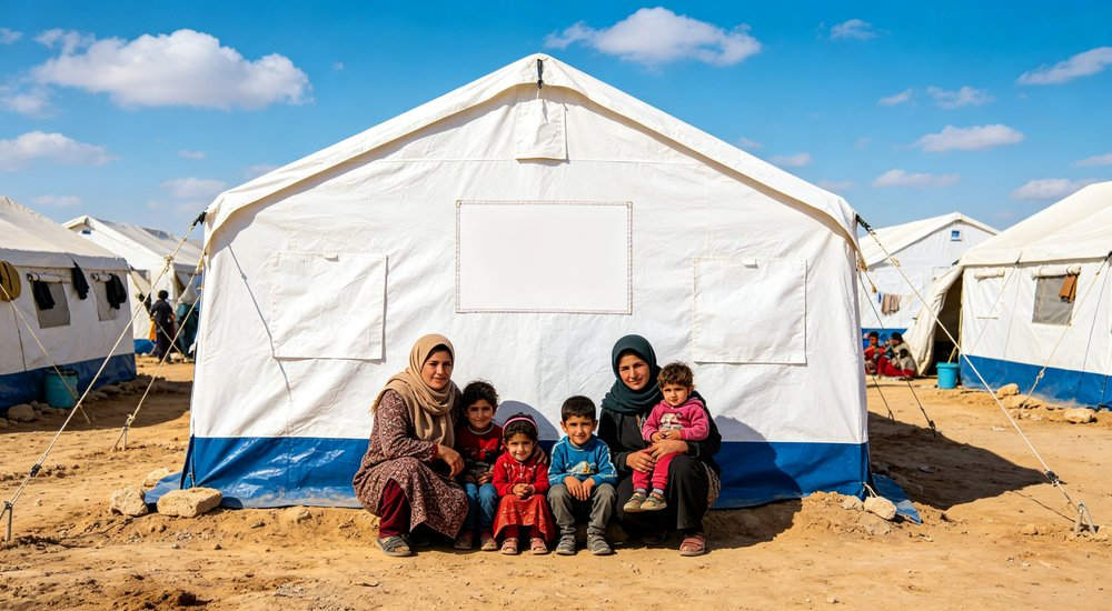 Emergency response tent captured during active deployment showing professional grade construction wind resistant frame and waterproof covering designed for long term use in challenging field conditions